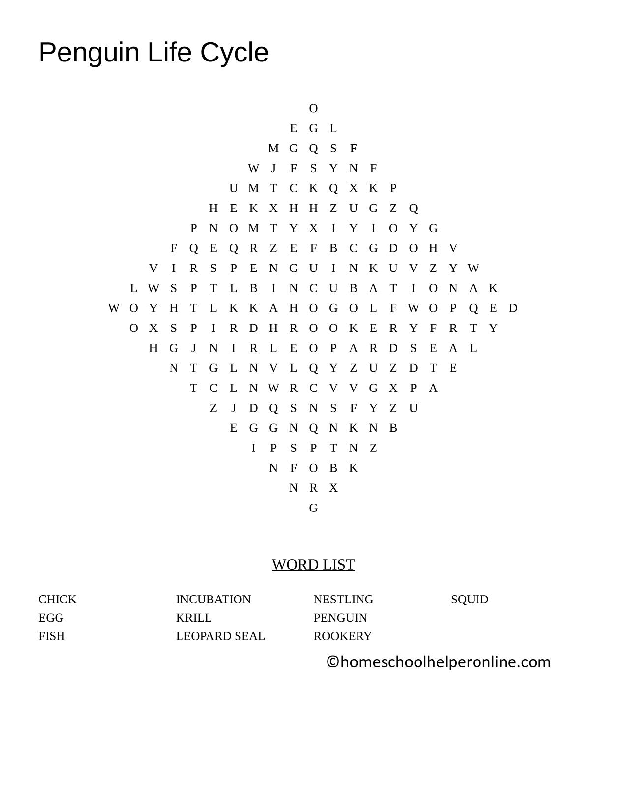 penguins word search "life cycle" early elementary
