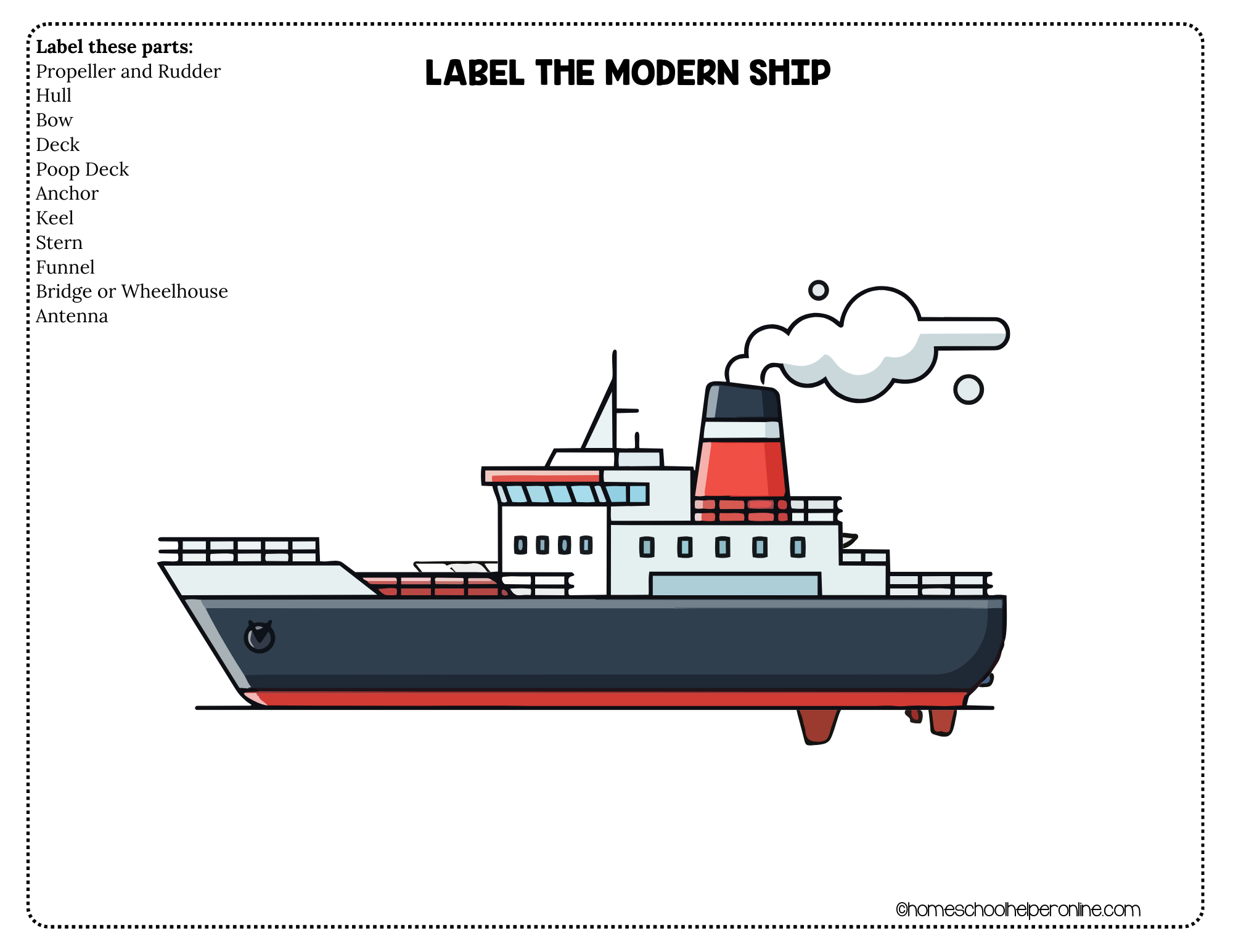 label the parts of a modern ship free printable